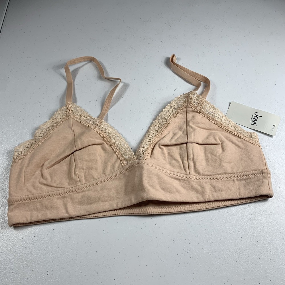 Jenni Women's Bra Bralette Lace Trim Wireless Wide Band Beige Nude‎ Large